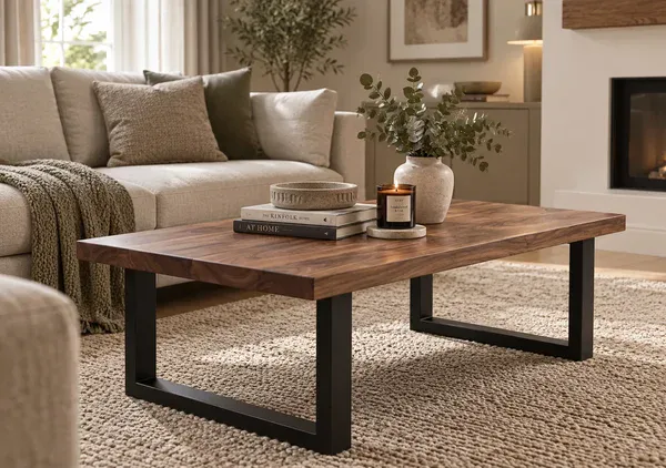 Handmade solid walnut coffee table with black metal legs in a neutral living room