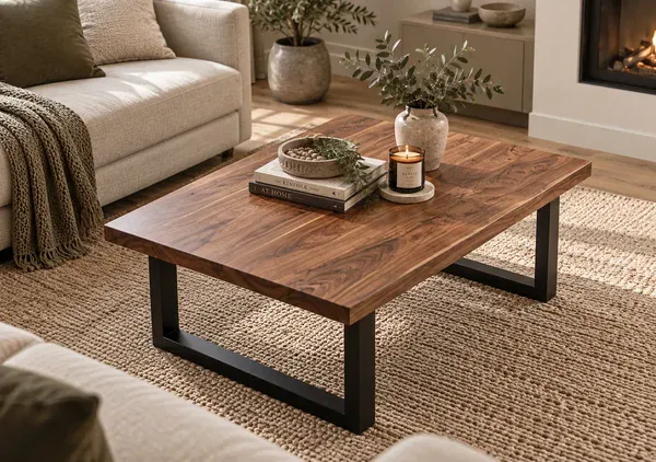 Handmade solid walnut coffee table with black metal legs in a contemporary living room