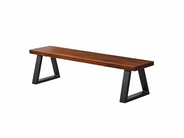 Solid wood bench with black metal legs, modern minimalist furniture on white background