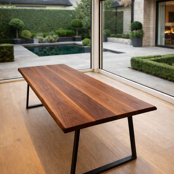 Solid walnut dining table with worked live edge and black steel legs