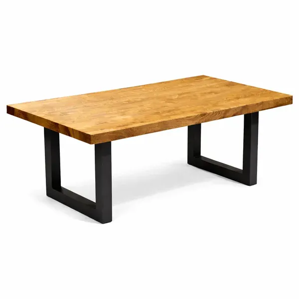 Handcrafted solid oak coffee table with black metal U-shaped legs on a white background
