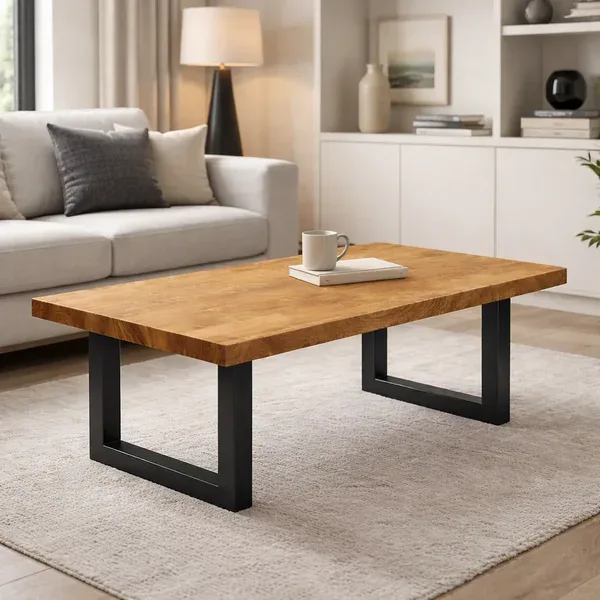 Handcrafted solid oak coffee table with black metal U-shaped legs in a modern living room setting