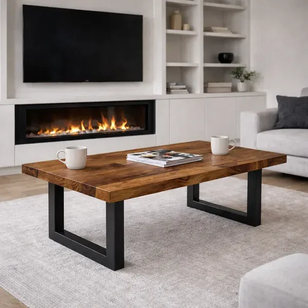Handcrafted dark oak coffee table with black metal U-shaped legs in a modern living room with media wall