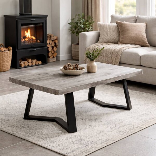 Handcrafted solid Swedish spruce coffee table with grey washed oil finish, solid wood top and steel legs