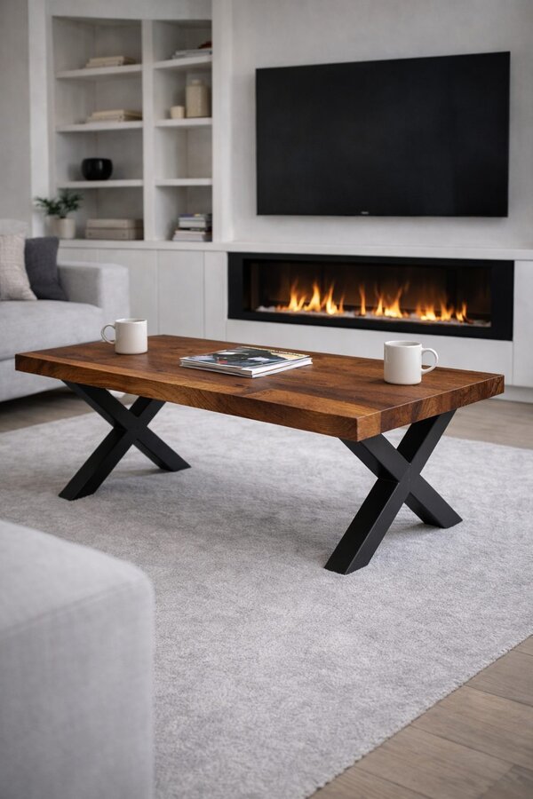 Modern dark oak coffee table with black X-shaped legs in front of a contemporary media wall