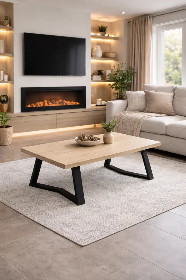 Solid ash coffee table in modern living room with natural decor