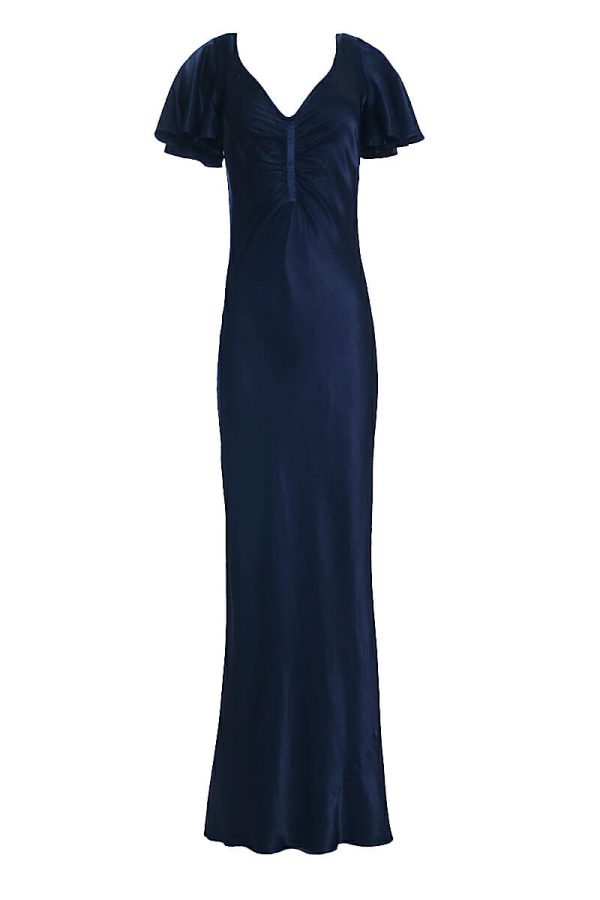 Abendkleid maxi blau V-Ausschnitt