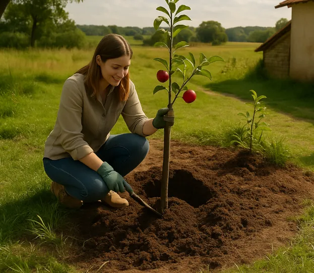 Sparen vs. Investieren: Eine Frau trägt eine Kiste voller Äpfel aus einem dunklen Keller, die andere pflanzt zur selben Zeit einen Apfelbaum.