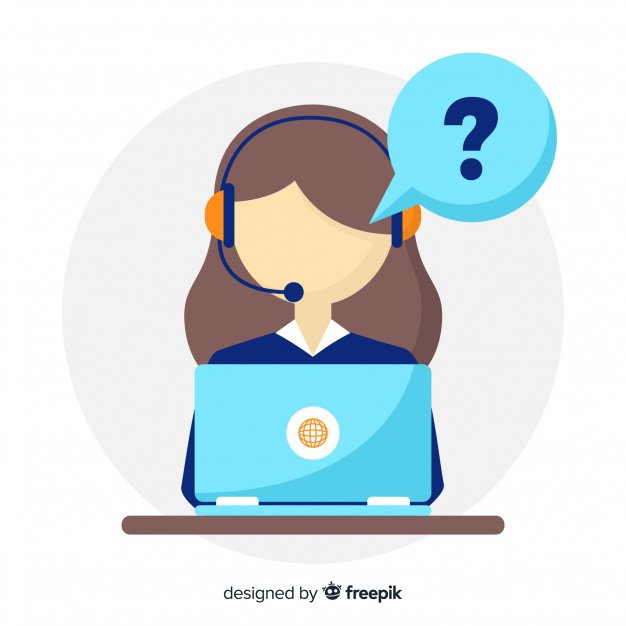Uma ilustração de um representante de vendas atrás de um laptop fazendo perguntas por meio de um fone de ouvido