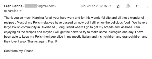 An email thanking Karolina for Polish recipes, mentioning a Polish community in Riverhead, NY, and expressing hope to make pierogies. The sender enjoys sharing these recipes with their heritage-mixed family.