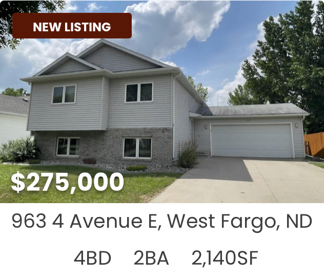 Bright move-in-ready 4-bedroom home in West Fargo with large driveway, spacious layout, and attached garage &mdash; listed for $275,000