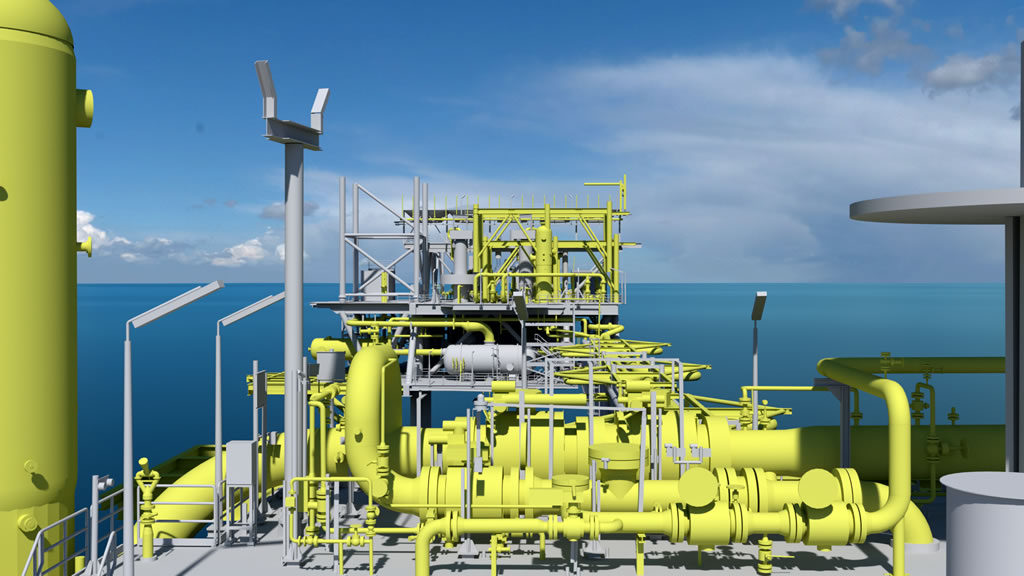 3D computer model of an offshore platform with equipment, piping and structure