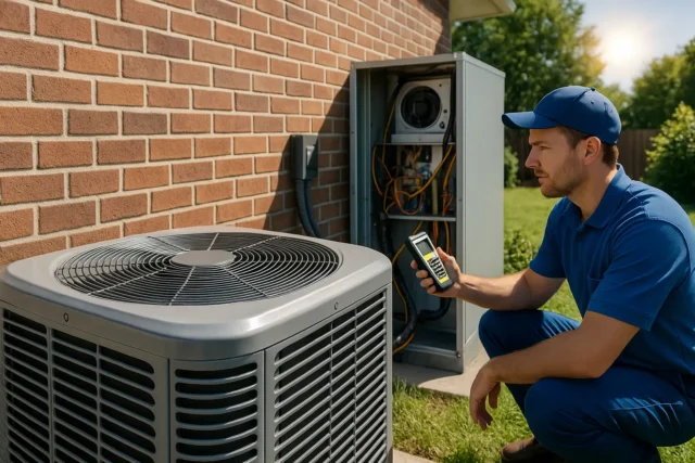 Technician inspecting outdoor AC unit during summer maintenance to ensure efficiency.