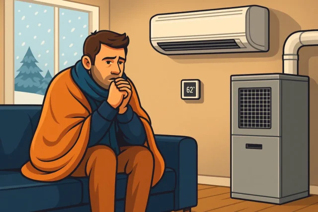 Cold man wrapped in blanket indoors.