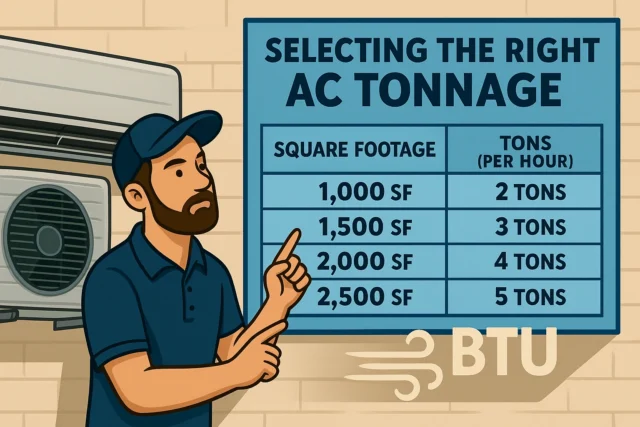 HVAC technician explaining AC tonnage and BTU rating on an outdoor air conditioning unit.