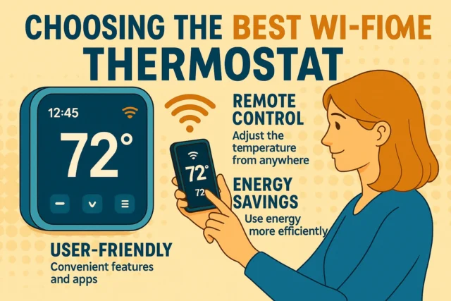Illustration showing a homeowner adjusting a smart Wi-Fi thermostat on the wall, representing energy efficiency and modern HVAC air flow.