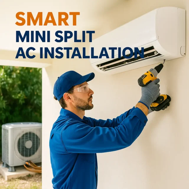 Technician installing mini split AC unit for efficient cooling and heating.