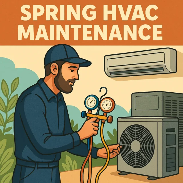 Technician performing spring HVAC maintenance on air handler unit
