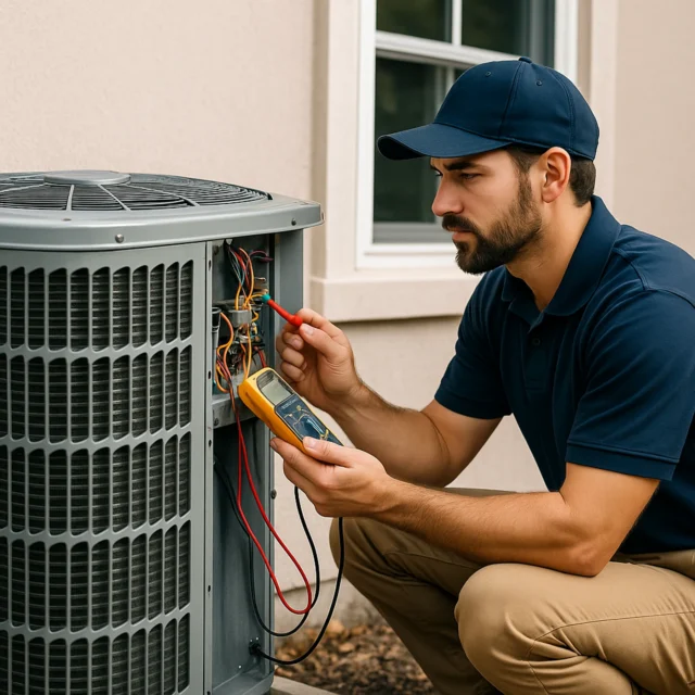 HVAC technician inspecting and repairing outdoor AC compressor unit to restore airflow efficiency.