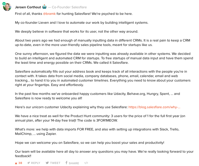 Commentaires introductifs du cofondateur de Salesflare