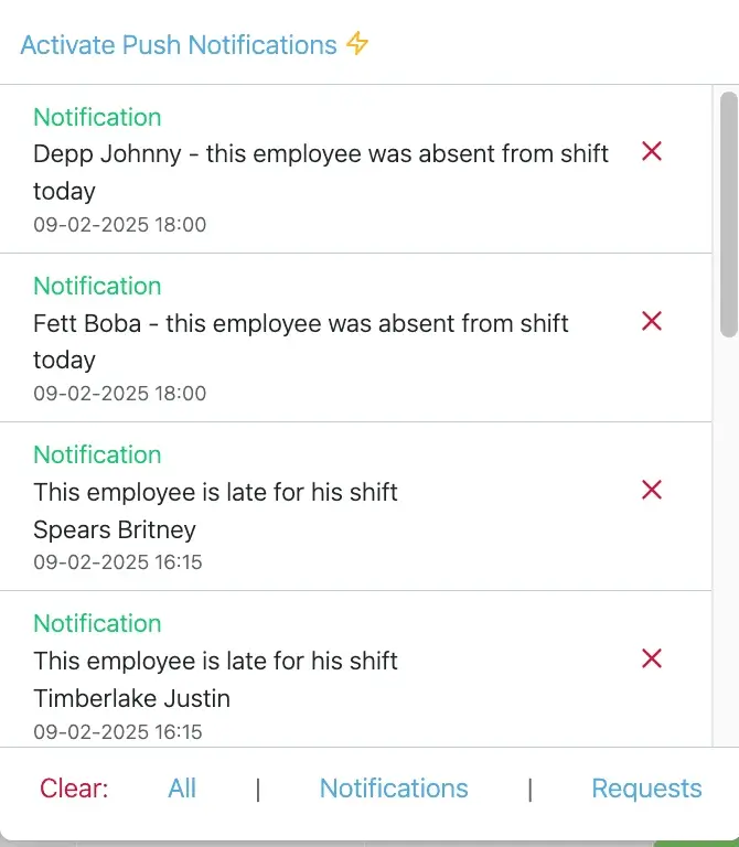 Real-time notifications for employee attendance, tracking absences and tardiness for effective management.