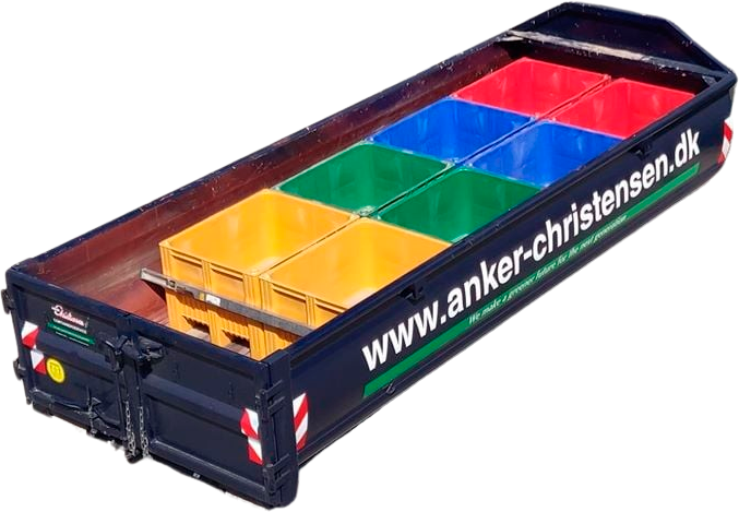 Opdelt container fra Anker Christensen med farvede kasser til sortering