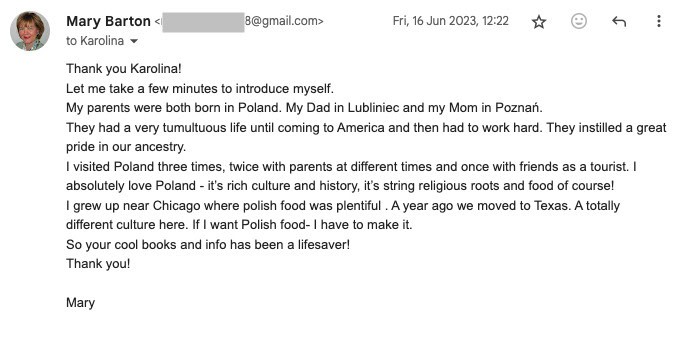 Email from Mary Barton to Karolina expressing gratitude and sharing a brief personal history, including her Polish heritage and recent experiences living in both Chicago and Texas.