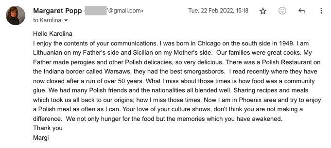 An email from Margaret Popp to Karolina dated Tue, 22 Feb 2022, expressing her past family traditions and enjoyment of Polish meals, and sharing her experiences of Polish restaurants in the past.