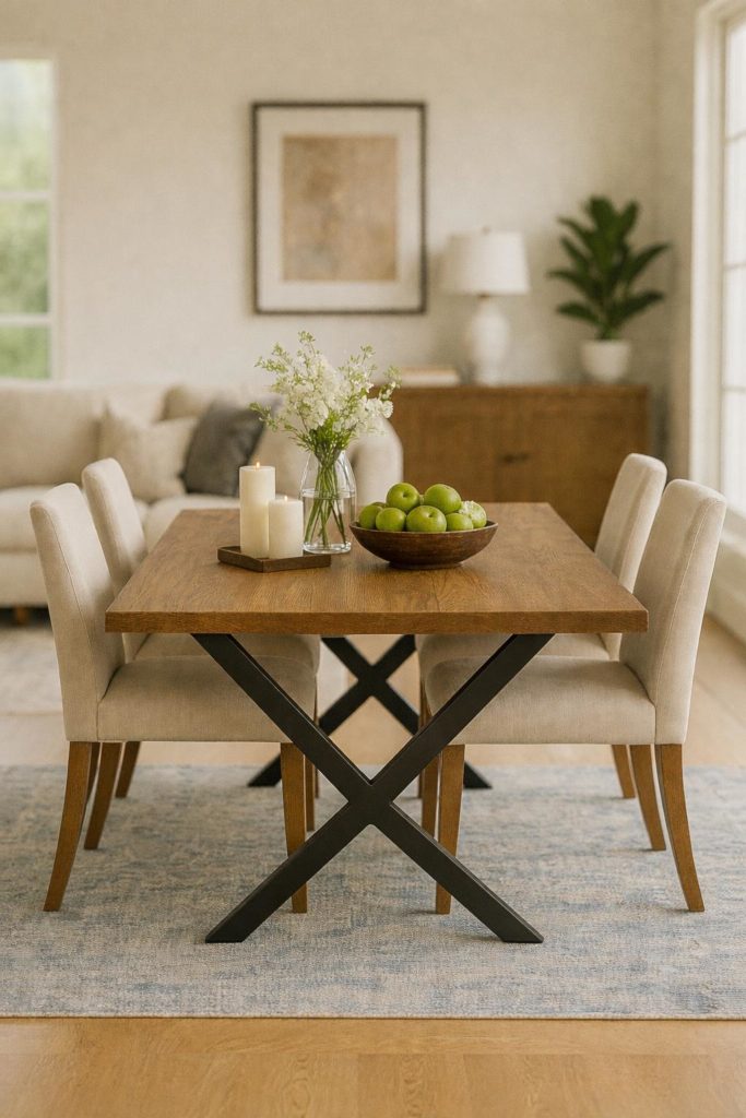 Oak dining table with black powder-coated metal legs by the Mensa Table Company in a modern dining room