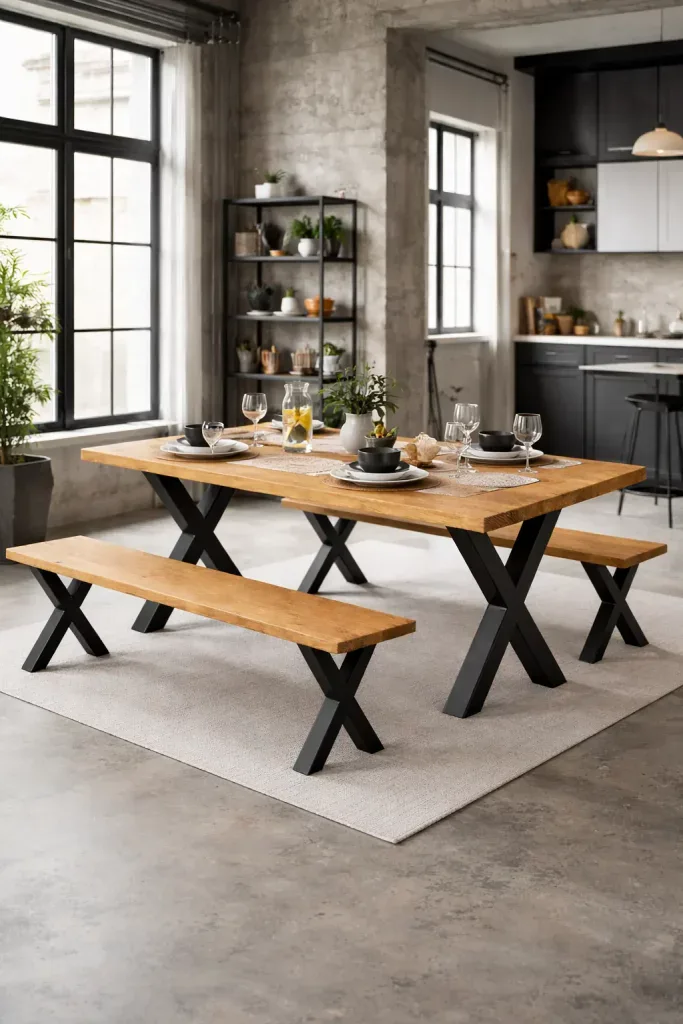 Solid oak dining table with matching benches in an industrial style dining room, set with dinnerware