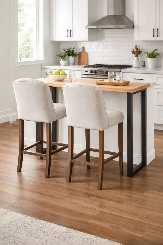 Modern kitchen with light Swedish pine wood breakfast bar featuring black metal legs and two Ashby grey upholstered beige bar stools.