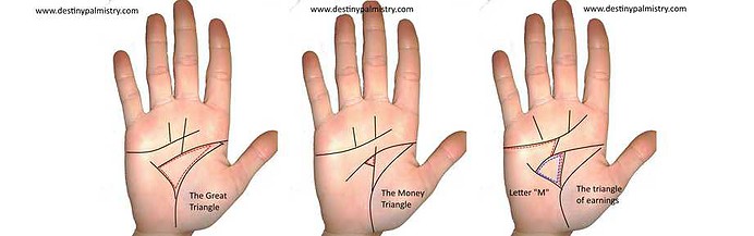 letter m on the palm, money triangle, triangle of earnings, money triangle