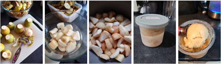 Newsletter-Sep25-In-the-Kitchen-Pear-sorbet-collage-pears-peeled-chopped-braised-frozen-tub-sorbet-Frosted-Fusions