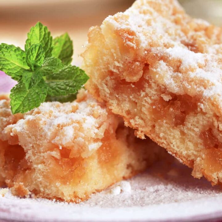 Two pieces of Polish apple crumble cake, also known as Jablecznik or Sharlotka, on a plate.