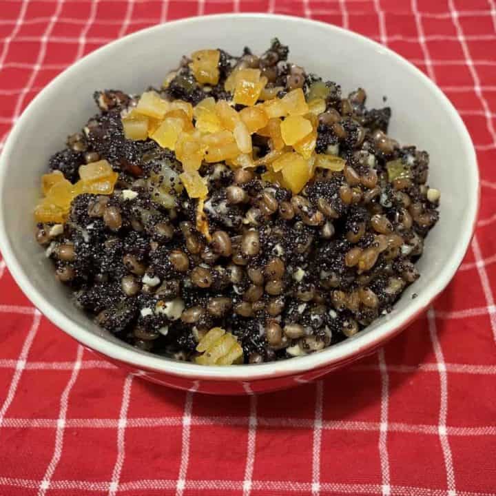 Polish wheat berry kutia in a white bowl.