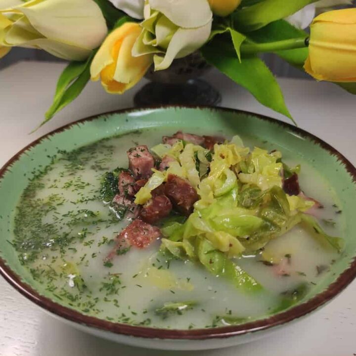 A bowl of Polish fresh cabbage soup with meat.