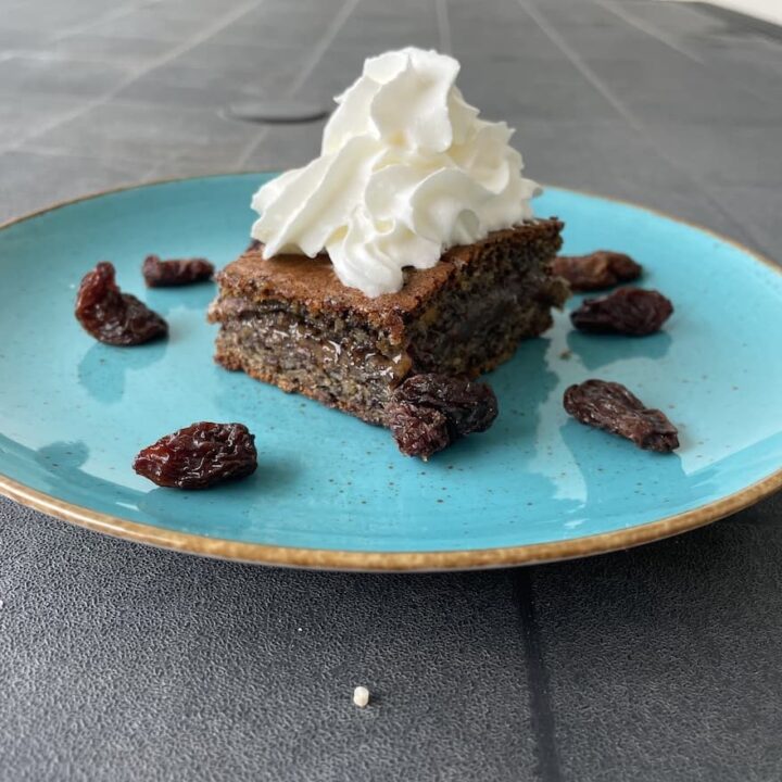 A piece of poppy seed cake with whipped cream and raisins on a blue plate.