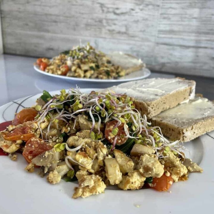 A plate of vegan tofu scramble with vegetables and sprouts served with buttered toast.