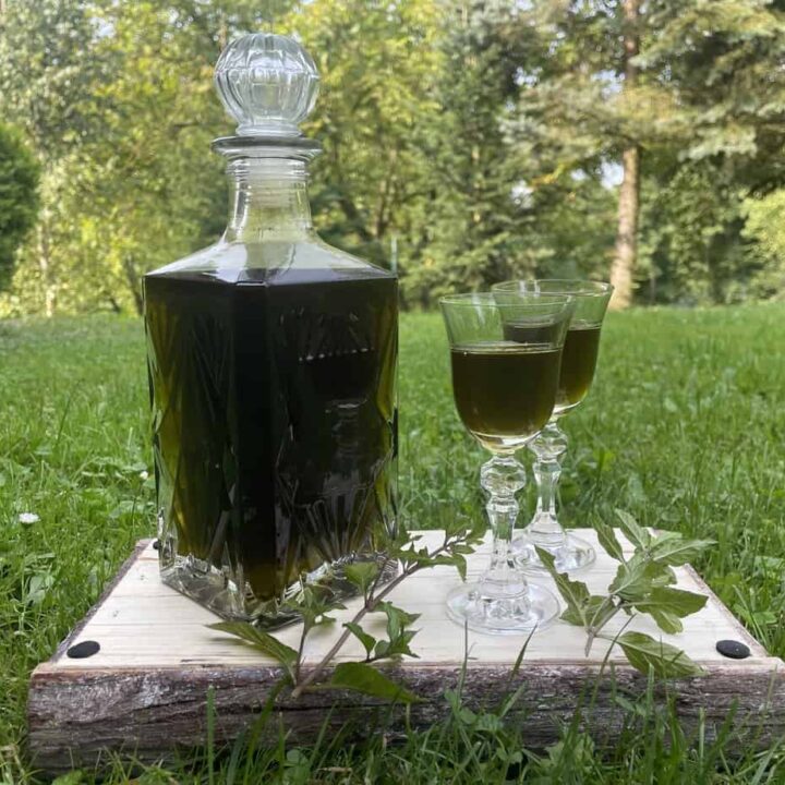 A bottle of Polish mint vodka and two glasses on a wooden board.