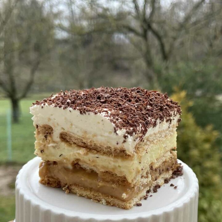 A no-bake cake sitting on top of a white plate.