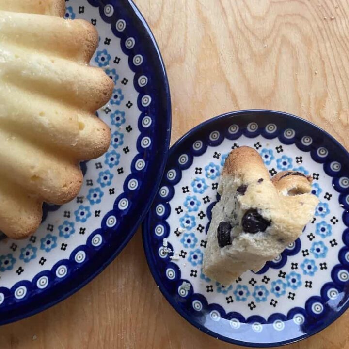 A whole bundt cake, reminiscent of a Polish Babka Z Jagodami, sits on a blue patterned plate with a slice showcasing dark fruit pieces on a smaller similar plate. Both are elegantly placed on a wooden surface, inviting you to savor the delightful blueberry babka flavor.