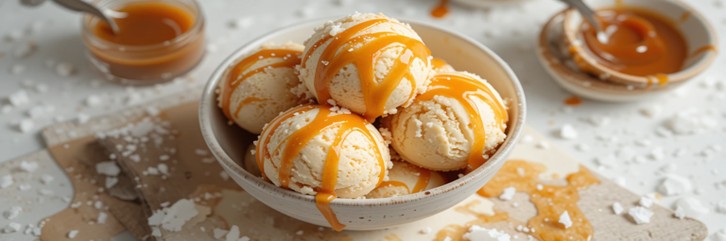 A Homemade Salted Caramel Ice Cream Recipe featured image 637x1920w update Jun25 bowl of salted caramel ice cream with caramel drizzled atop Frosted Fusions