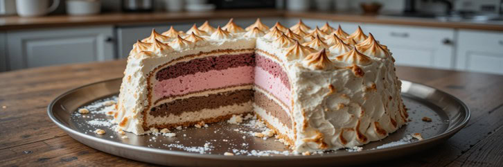 Homemade-Baked-Alaska-Its-the-Bomb-featured-image-baked-alaska-sliced showing internal layers on-wooden-surface-frosted-fusions