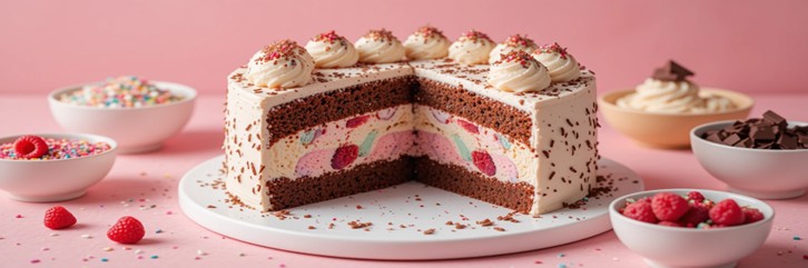 Learn How To Make Homemade Ice Cream Cakes featured image Ice cream cake with chocolate sponge layers colourful ice cream filling whipped cream topping and sprinkles with bowls of raspberries chocolate chunks and sprinkles frosted fusions