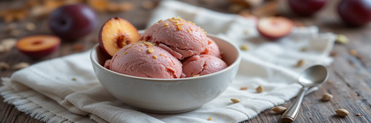 Homemade-Caramelised-Plum-And-Cardamom-Ice-Cream-featured-image Bowl of homemade caramelised plum and cardamom ice cream topped with seeds with fresh plums on a wooden table Frosted Fusions