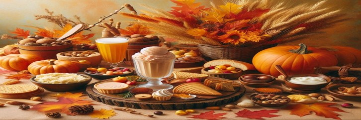 Homemade-Ice-Cream-Ideas-For-Thanksgiving-featured-image-637x1920w-thanksgiving-spread-of-food-with-ice-cream-centred-and-autumn-leaves-frosted-fusions