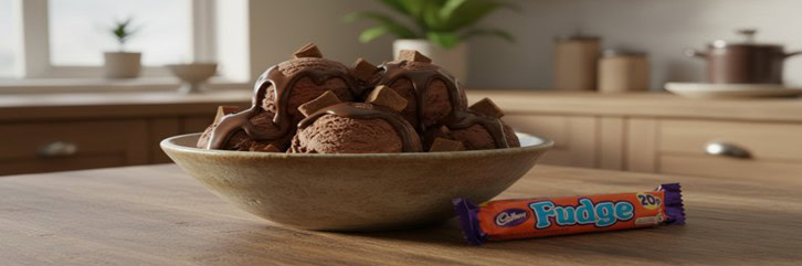 Classic-Fudge-Meets-Chocolate-Fudge-Ice-Cream-featured-image-bowl-of-chocolate-fudge-ice-cream-with pieces of fudge -and-chocolate fudge-sauce-drizzled-with cadburys fudge bar Frosted-Fusions