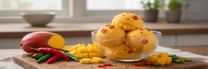 Homemade-Mango-Chilli-Sorbet-Naturally-Vegan-Dairy-Free-featured-image-a-bowl-of-mango-sorbet-with-fresh-mango-and-fresh-red-chillis-to-the-side-Frosted-Fusions