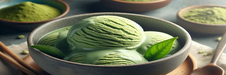 Homemade Matcha Ice Cream Recipe – A Taste Of Japan featured image 637x1920w bowl of matcha ice cream with matcha powder in bowls in background and green tea leaves Forsted Fusions