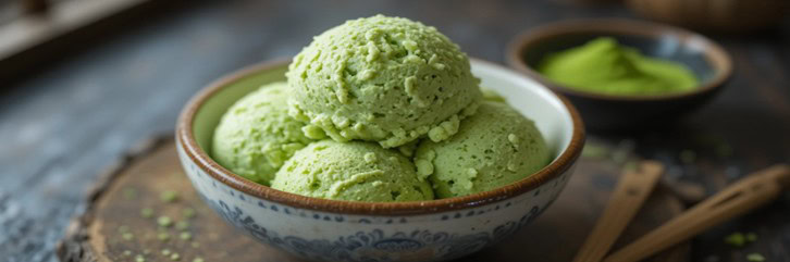 Homemade-Matcha-Ice-Cream-Recipe-–-A-Taste-Of-Japan-featured-image-bowl-of-matcha-ice-cream-with-matcha-powder-in-bowls-in-background-and-green-tea-leaves-Frosted-Fusions